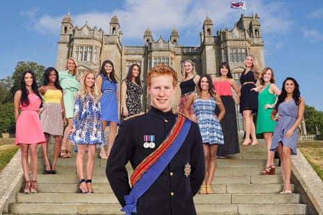 a smiling lookalike prince harry; behind him, on the steps of a large country house, 12 attractive young women