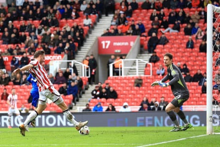 Stoke’s Ben Wilmot scores his second goal against Leicester