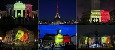 Colours of the Belgian flag being projected on to (from top left) the Brandenburg Gate in Berlin, the Eiffel Tower in Paris, the town council building in Belgrade, the Trevi Fountain in Rome, the Royal Palace at Dam Square in Amsterdam and Rome's Campidoglio