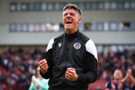 Stevenage manager Alex Revell celebrates following his team’s win at Leyton Orient in September.