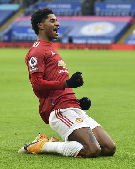 Rashford celebrates after scoring against Leicester City on Boxing Day 2020.