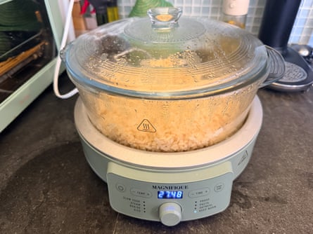 rice cooking in appliance on kitchen counter