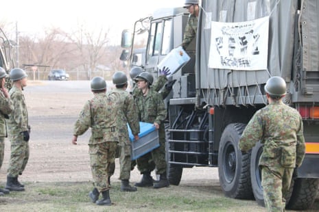 Soldiers stationed at the Iwate Garrison, part of the Japanese Army, are making preparations following a tsunami alert in Iwate, Japan on April 20, 2026.