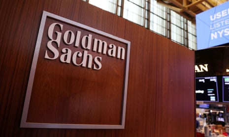 The logo for Goldman Sachs on the trading floor at the New York Stock Exchange