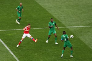 During injury time a glorious strike from Denis Cheryshev gives him his second and Russia their fourth