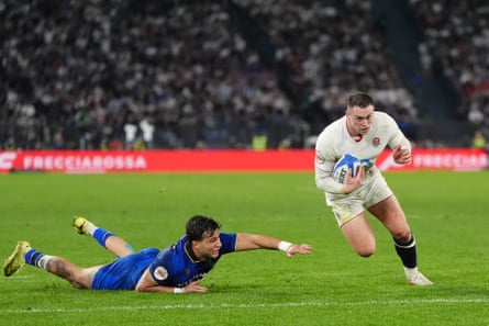England’s Tom Roebuck goes in to score in Rome