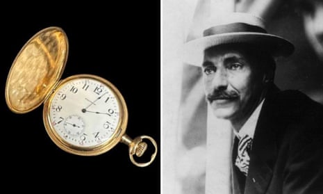 The face of John Jacob Astor’s 14-carat gold Waltham pocket watch, engraved ‘JJA’ beside a black and white picture of Astor.