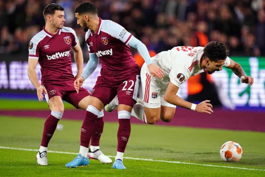 West Ham v Lyon: Europa League quarter-final, first leg – live! | Europa League 6 Said Benrahma and Lima Lucas Paqueta battle for the ball.