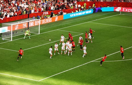 Salah shoots curls the ball wide