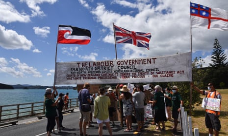 A small group of protesters converges on Te Tii Marae ahead of Labour MPs arriving for talks with Maori leaders as part of 2021 Waitangi Day commemorations in New Zealand.