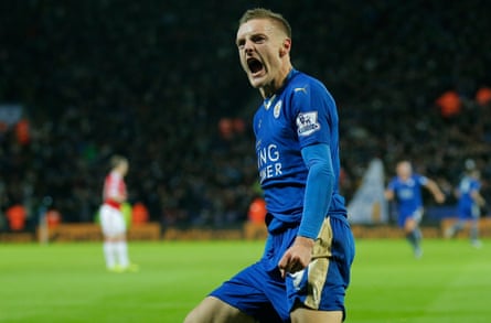Jamie Vardy celebrates a new Premier League record by scoring for the 11th consecutive game during Leicester City v Manchester United in November 2015