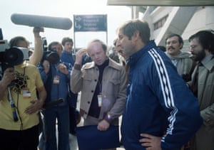 Scotland manager Ally McLeod faces the media after his team had been knocked out of the World Cup. BBC reporter Tony Gubba (beige jacket) is among those asking the questions.