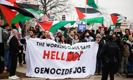 Protesters rally for a ceasefire in Gaza outside a UAW union hall during a visit by President Joe Biden in Warren Michigan,  on 1 February.