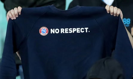 A Bulgaria fan holds up a ‘No Respect’ message directed at Uefa during the Euro 2020 qualifier in which England players were racially abused.