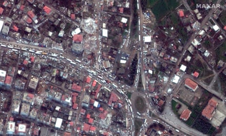 Satellite image showing the destruction in downtown Nurdagi, Turkey
