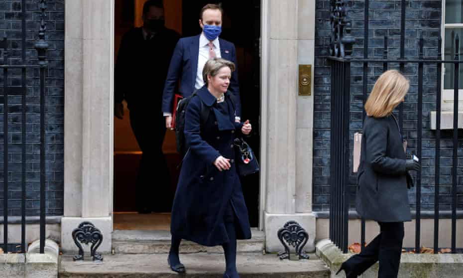 The Covid testing tsar Dido Harding (centre) leaves 10 Downing Street.