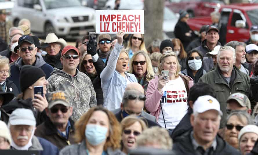 A protester shouts in agreement with the Republican representative Matt Gaetz as he gives a speech during a rally against Representative Liz Cheney on Thursday.