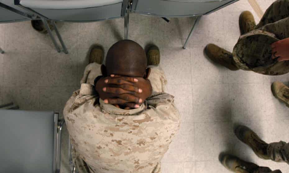 A US marine waiting to take psychological tests.