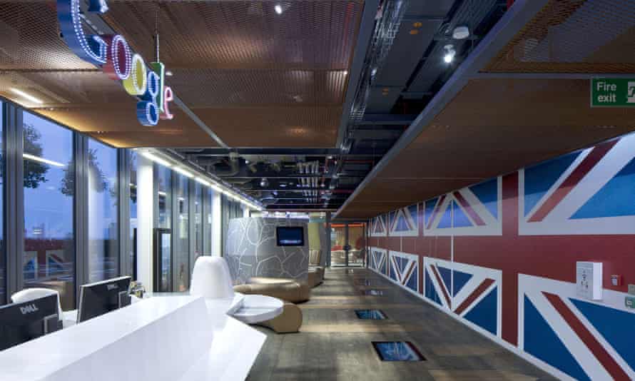 The reception area, complete with with giant Union flags, in Google’s London headquarters.