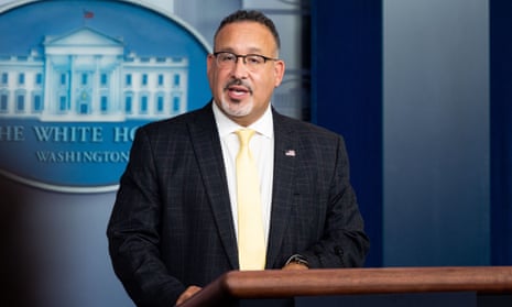 Miguel Cardona, the US education secretary, in the White House Press Briefing Room. 