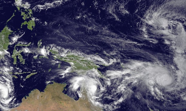 Cyclones and tropical storms head for landfall in the Pacific Ocean, 11 March 2015.