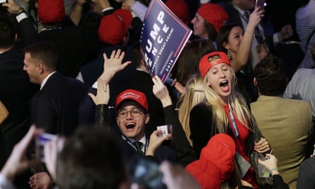 People React To Election Results In USA
Supporters of Republican nominee for President Donald Trump react to returns as the come in on televisions around the room on Election Day of the 2016 US Trump supporters cheer as the results of the 2016 presidential election come in