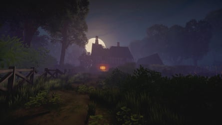 In Hunter’s Moon, a misty cottage glows with lantern light beneath a bright full moon