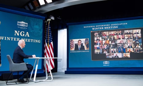 US President Joe Biden speaks during a virtual National Governors Association’s Winter Meeting in the Eisenhower Executive Office Building in Washington, DC.