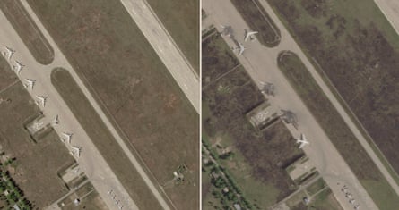Before and after satellite photographs showing some of the impact of Ukrainian drones hitting Russian warplanes at the Belaya airbase in the Irkutsk region of Siberia.