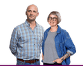 A composite of a man in a checked shirt and a woman in denim jacket smiling side by side