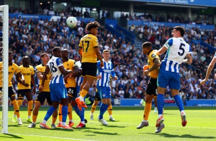 Lewis Dunk scores a header for Brighton against Wolves
