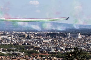 A flypast by the Frecce Tricolore (tricolor arrows) to celebrate Liberation Day in Rome
