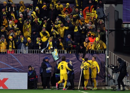 Fans go wild as Jens Petter Hauge celebrates scoring Bodø/Glimt’s third goal.