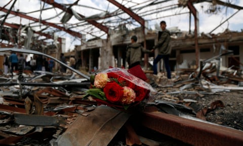 Flowers laid to mark the third anniversary of a 2016 airstrike on Sana’a, Yemen.
