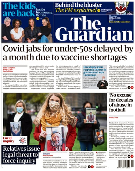Guardian front page, Thursday 18 March 2021