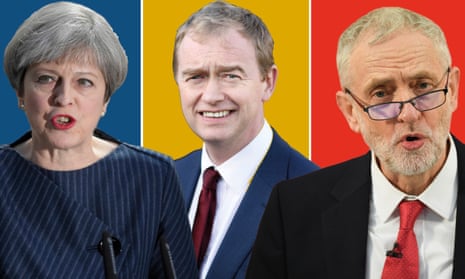 Composite, from left, of Theresa May, Tim Farron and Jeremy Corbyn