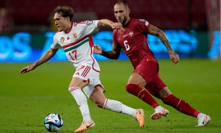 Callum Styles on the ball for Hungary against Serbia in September 2023