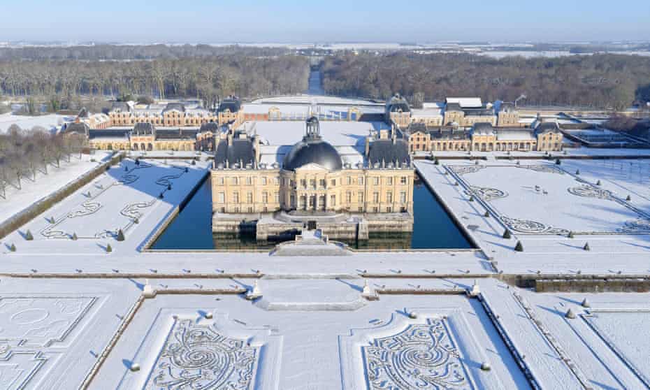 French, Seine-et-Marne, castle of Vaux-le-Vicomte, aerial view, wintertime