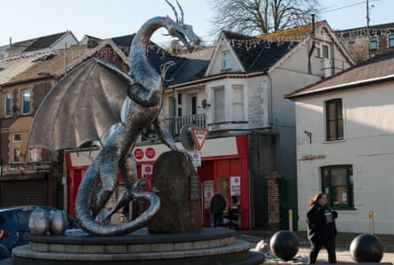 A stainless steel dragon in the centre of Ebbw Vale, Blaenau Gwent.