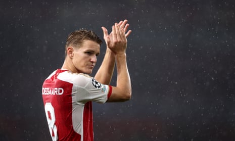 Martin Ødegaard applauds the home fans after Arsenal’s 4-0 win against PSV in midweek