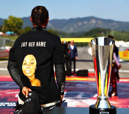 Breonna Taylor is ooctured on the baack of Hamilton’s T-shirt in Tuscany.