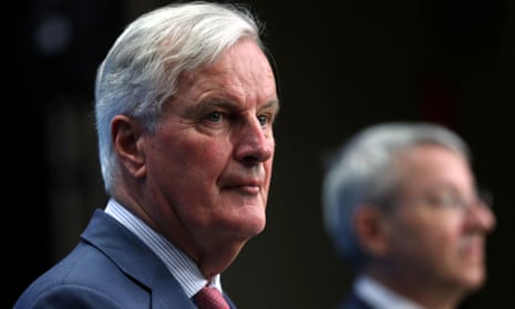Michel Barnier holding a news conference after an EU general affairs council in Brussels.