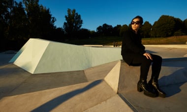 Artist Koo Jeong A sitting on her fluorescent skatepark in Everton Park, Liverpool.