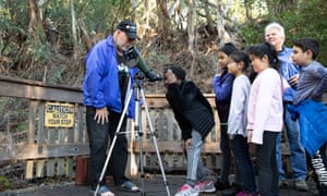 Glen Cornett, a retired math teacher who volunteers at Natural Bridges grove in Santa Cruz, uses a scope to show children a cluster of butterflies.