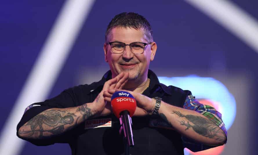 Gary Anderson enjoys his interview after winning his semi-final against Dave Chisnall.