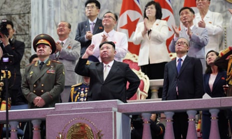 North Korean leader Kim Jong Un presides over a military parade celebrating the 70th anniversary of the Korean War on 27 July. Russian general and minister of defence Sergei Shoigu stands on his left.