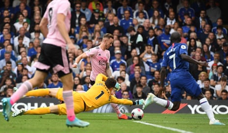 Leicester’s James Maddison rounds the keeper.