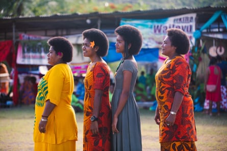 Competitors line up to participate in the Indigenous Hair Pageant at Kakaudrove's annual festival.