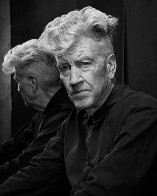 A black and white photograph of David Lynch