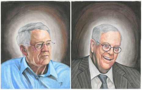 David and Charles Koch, heads of Koch Industries, drawn by prisoner Joseph Acker, who is serving 10 years. All sales from a book associated with the art project will be donated to Bernie Sanders’ campaign. 